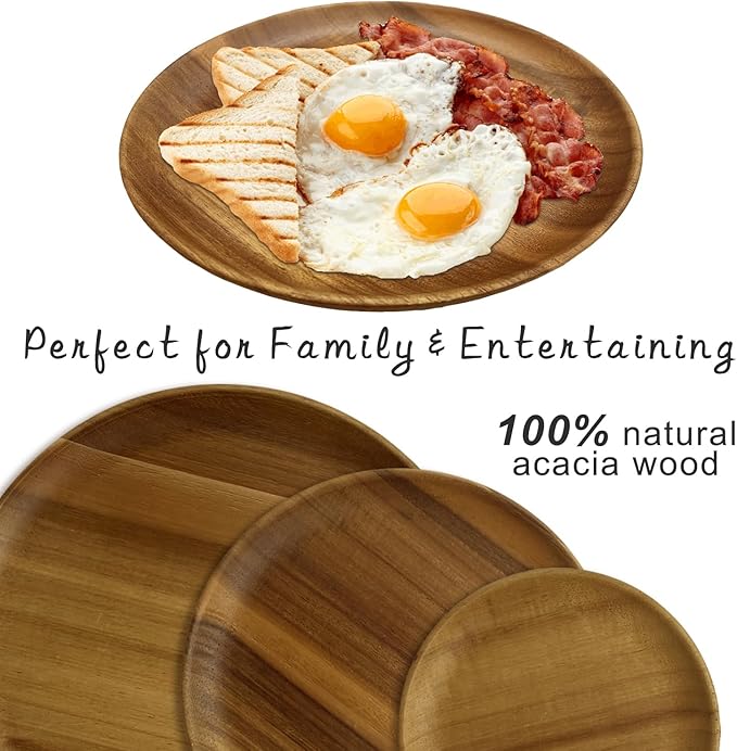 Acacia Wooden Plates Set of 3, 6/8/10 Inch Round Serving Platters for Charcuterie, Appetizers, Acacia Wood Plates, Stackable Dinnerware Trays for Kitchen, Party & Entertaining (Round Tray)