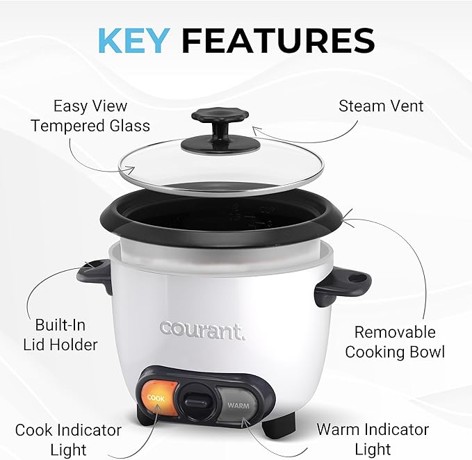 Courant Rice Cooker 6-Cup (Cooked), Removable Non-Stick Bowl, One Touch Rice Cooker, White