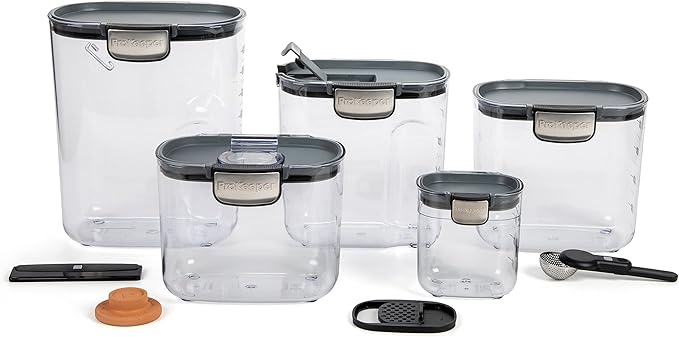 ProKeeper+ Airtight Food Storage Container Set ??Clear Plastic Flour and Sugar Canister Set with Magnetic Accessories for Kitchen Organization (Grey, 9-Piece)