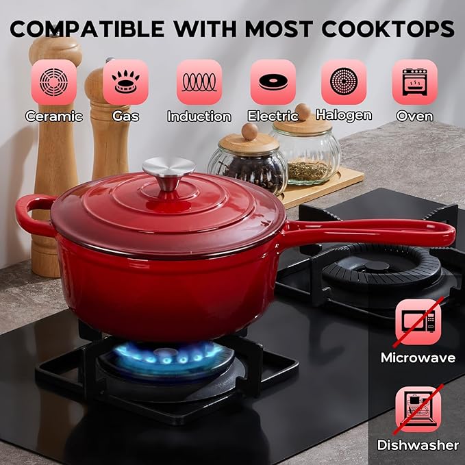 Onader Cast Iron Sauce Pan Pot, 3QT Small Saucepan with Lid, Enameled Cast Iron Dutch Oven Cooking Kitchen Pot, Nonstick & Heavy Duty ??Red