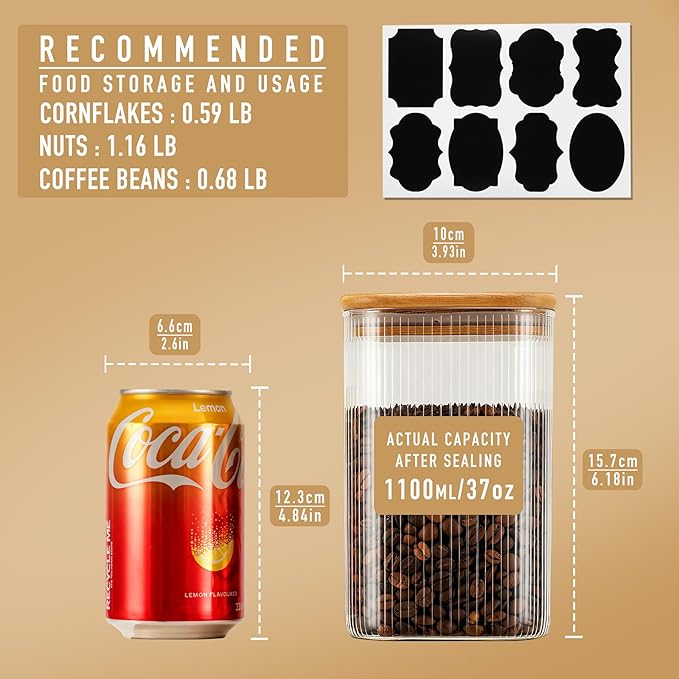 37oz Airtight Glass Square Storage Canisters with Bamboo Lids Set of 4 (1100ml) Striped Stackable Containers, Decorative Kitchen Jars for Tea, Nuts and Coffee (?럚ith Black Lable)