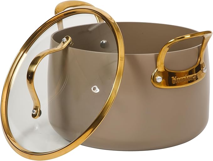 Bloomhouse - Two Time Oprah's Favorite Things Winner - 8 Quart Stock Pot w/Lid ??PFAS-Free Ceramic Nonstick Dutch Oven Heavy Duty Aluminum Oven Safe Dishwasher Safe Cappuccino Cream w/Gold Handles