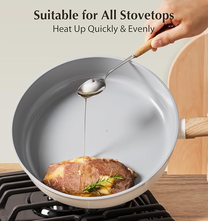 KOCH SYSTEME CS Non Stick Frying Pans Set 3 Piece, Nonstick Ceramic Frying Pans Heat-Resistant Handle, 8" 9.5" 11" Non Toxic Cooking Pan Set, Induction Compatible Skillet, Dishwasher Safe, Cream White