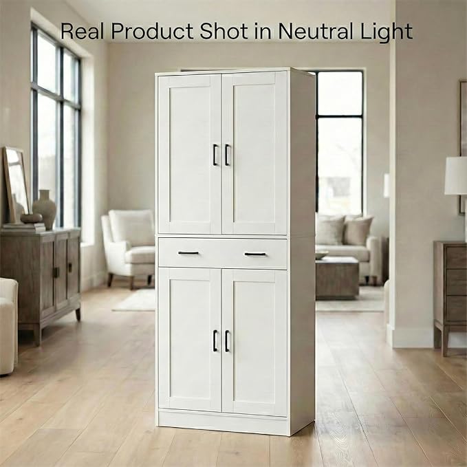 71" Tall Kitchen Pantry Cabinet, Freestanding Storage Cabinet with Drawer and 4 Doors, Large White Utility Floor Cupboard with Adjustable Shelves for Dining Room, Bathroom, Home Office