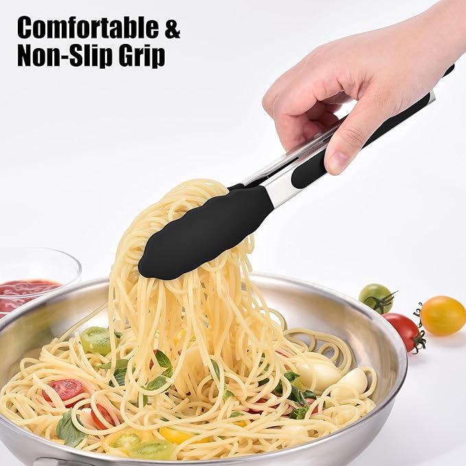 Doosu Kitchen Tongs for Cooking - 600째F Heat Resistant Food Tong with Non-Scratch Silicone Tips, Heavy Duty Stainless Steel Locking Tong for BBQ, Grilling Steak, Serving Salad, Pasta (9in, Black)