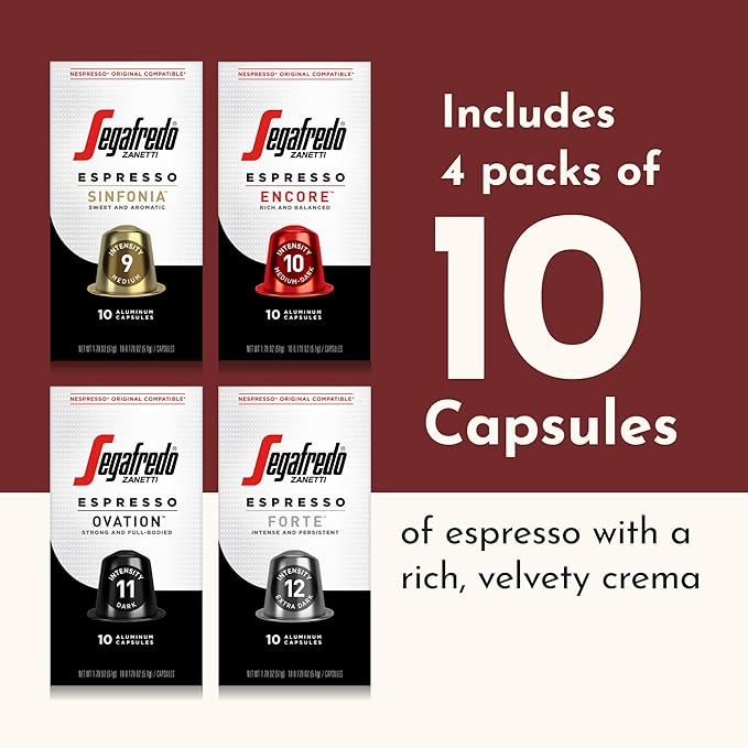 Segafredo Zanetti Espresso Capsules ??Aluminum Pods for Nespresso Original Machines ??4 Flavor Variety Pack Premium Espresso ??Forte, Ovation, Encore, and Sinfonia ??Variety, 10 Count (Pack of 4)