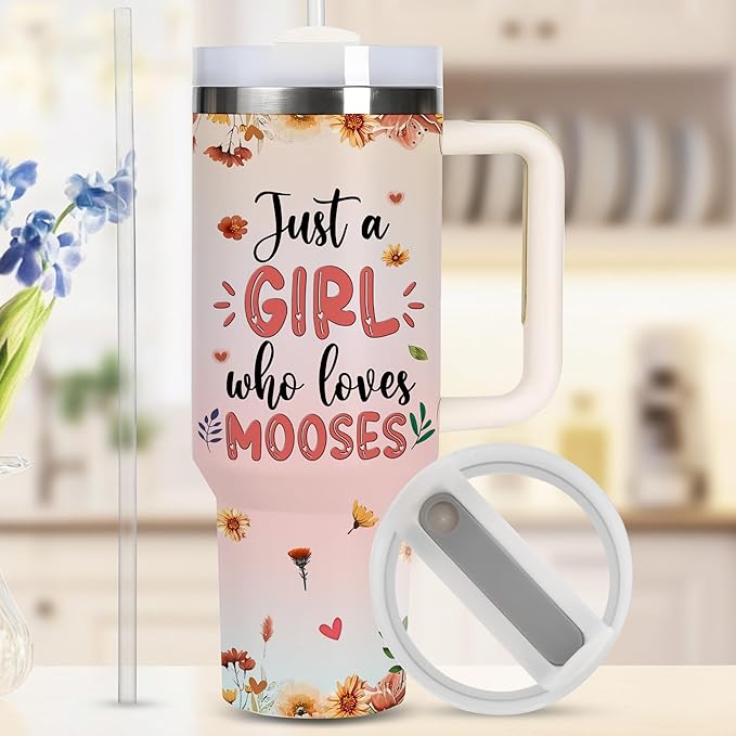 AGGLOMEKC Personalized Cute Moose Cup - Mother's Day Birthday Gift For Animal Lovers - Just A Girl Who Loves Moose Tumbler 40oz With Custom Name - Pet Lover Gifts For Women, Her