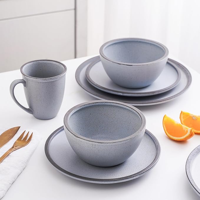 Stone Lain Tina Rustic Stoneware Reactive Glaze Dinnerware Set, Service for 4, Blue and Grey, 16 Piece