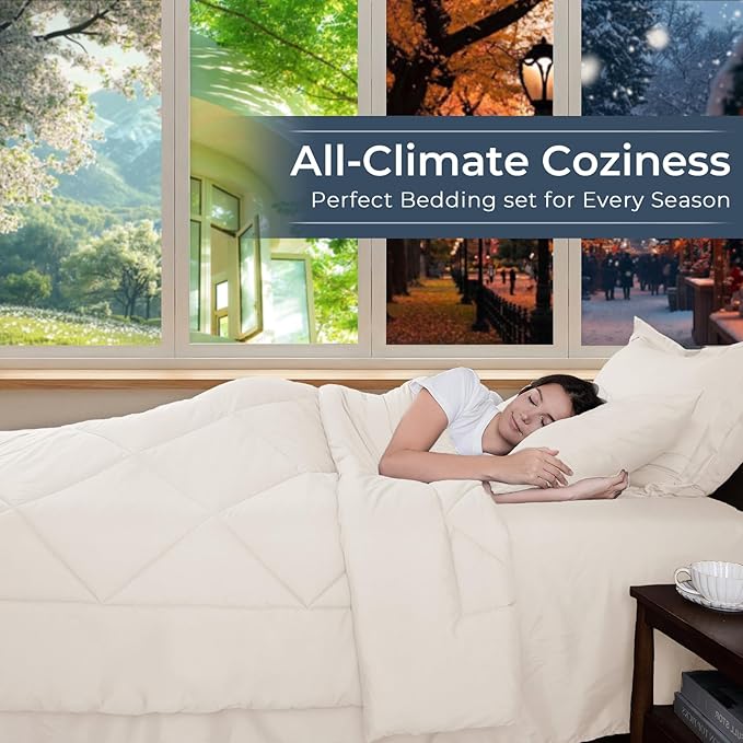 HEVUMYI Ivory King Comforter Set - 7-Piece All Season Bed in a Bag King, Ultra Soft Bedding Set with Comforter, Flat Sheet, Fitted Sheet, Pillowcases, Pillow Shams