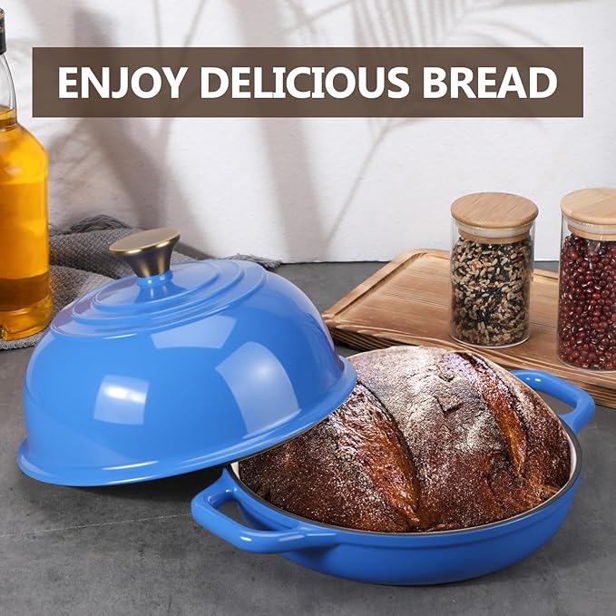 Tioncy Enameled Bread Dutch Oven with Lid for Sourdough Baking 5 Quart Round Cast Iron Dutch Oven Pot Bread Bakers for Kitchen Homemade Cookware Gifts Roasting Frying Cooking Stewing(Blue)