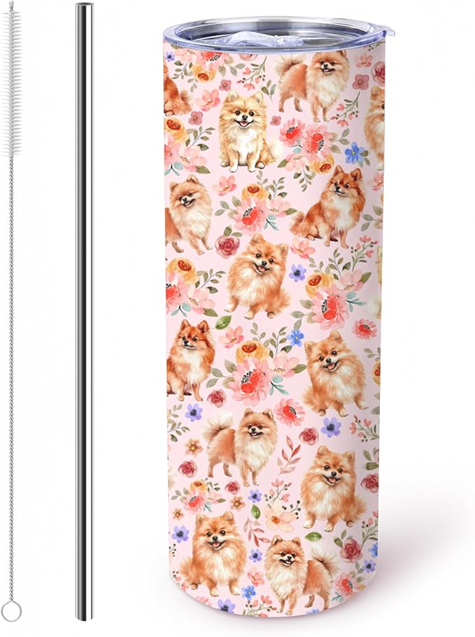 Yogusut Pomeranian Gifts for Women, 20oz Stainless Steel Insulated Tumbler Travel Mug Cup with Lid Straw Brush, Gifts for Dog Mom Dog Lover