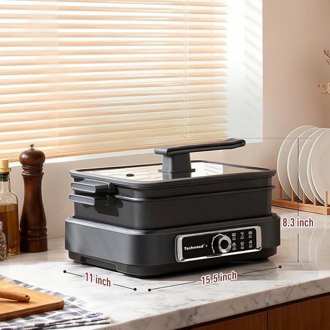Slow Cooker, Techwood Electric Skillet 7.5-Quart Extra-large Capacity Multi-Cooker with 5-Level Heat Settings, Come with Non-stick Skillet Pan & Cooking Pot, Dishwasher Safe, Black