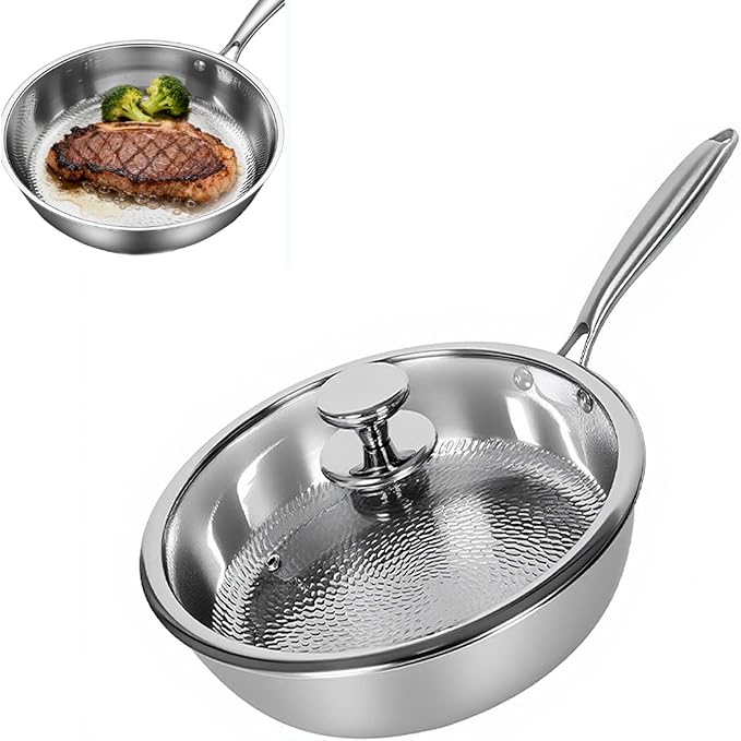 Titanium Hammered Pan, Durable Scratch-Resistant Titanium Frying Pans for Cooking, No-Coating Nonstick Skillet, Even Heating for Cooking, Nutritious Pan for Cooking,with lid,9.44in