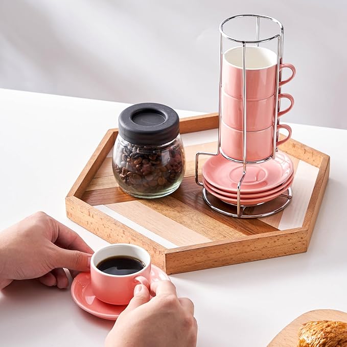 2.5oz Espresso Cups Set of 4, Small Stackable Coffee Cups with Saucers and Metal Stand, Ceramic Demitasse Cups, Cappuccino Cups for Coffee Drinks, Latte, Pink