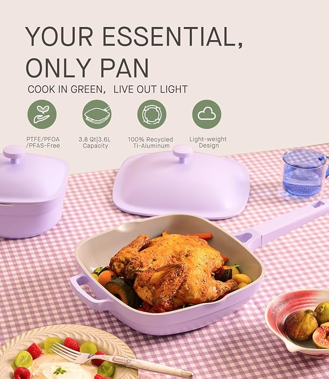 10.5 Inch(3.8QT) Ceramic Pan with Lid,Non Stick Frying Pans Cast Aluminum Deep Saut챕 Pans,Ti-Ceramic Non Toxic Pix Pan with Wooden Spatula and Scrubber-Dusk Petal
