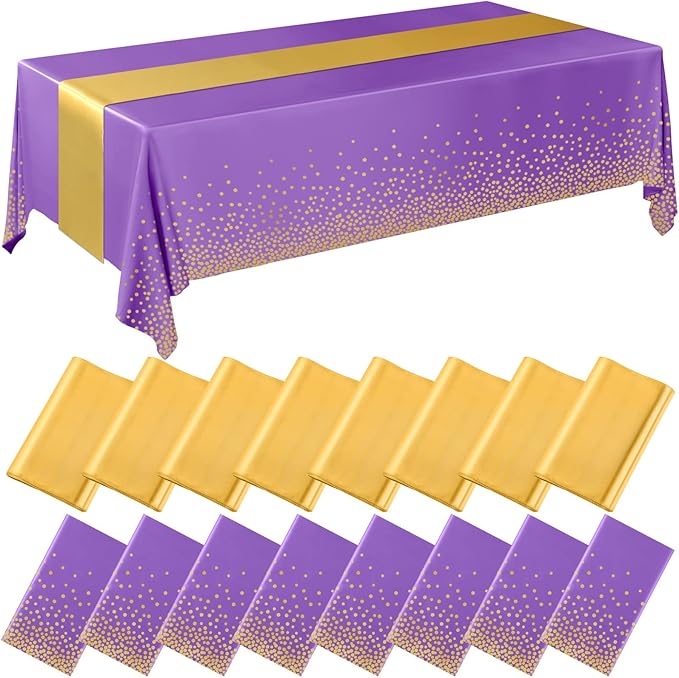 Tudomro 16 Pcs Purple and Gold Disposable Plastic Tablecloths and Satin Table Runner Set 54x108 Inch Tablecloth 12x108 Inch Table Runners for New Year Wedding Birthday Baby Shower Graduation
