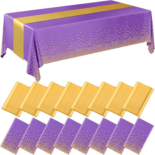Tudomro 16 Pcs Purple and Gold Disposable Plastic Tablecloths and Satin Table Runner Set 54x108 Inch Tablecloth 12x108 Inch Table Runners for New Year Wedding Birthday Baby Shower Graduation