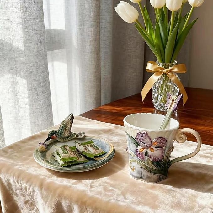 Ceramic Tea Cup and Saucer Set 竊?OZ 3D Hand-painted Hummingbird and Flower Coffee Mug竊똆ift for Women