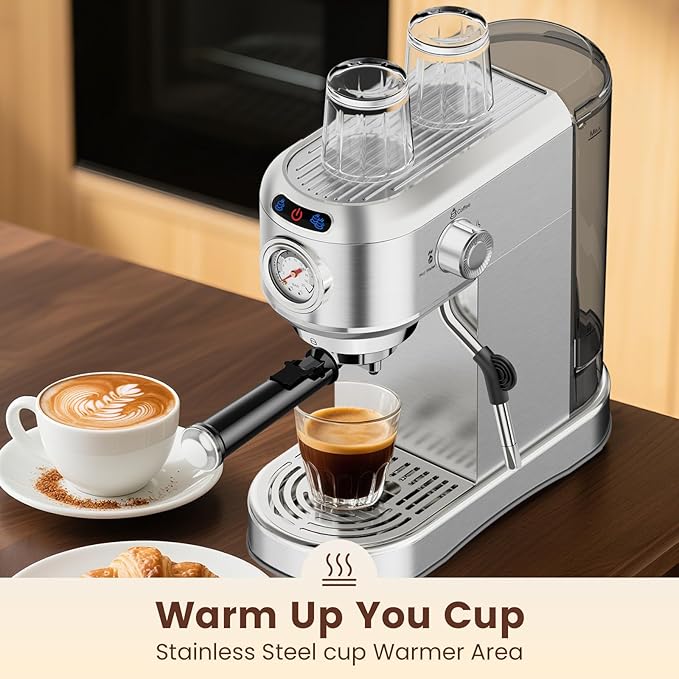 Espresso Machine 20 Bar, Compact Espresso Maker, Stainless Steel Professional Expresso Coffee Machines with Steam Milk Frother & 34oz Removable Water Tank for Home & Office, Latte, Cappuccino, Silver
