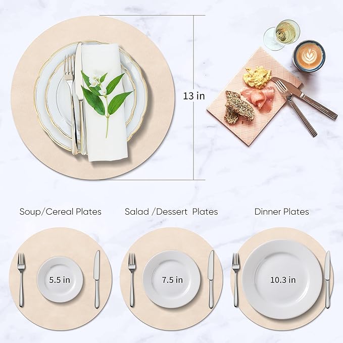 ADRIMER Placemats, Heat Resistant Round Placemats Set of 12 Washable, Waterproof Table Mats, Wipeable Faux Leather Place Mats for Kitchen, Dining Room, Beige