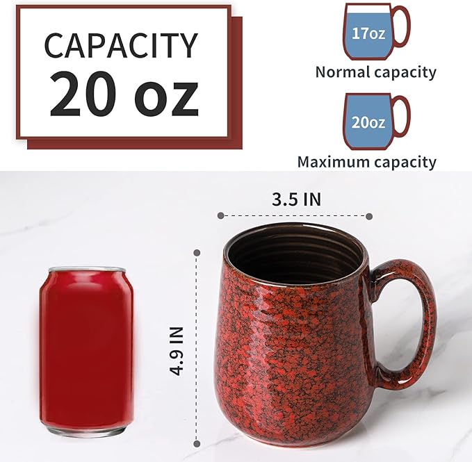 Hasense Large Coffee Mugs Set of 2, Ceramic 20 oz Coffee Cups for Office and Home, Modern Coffee Mug with Big Handle for Latte Coffee Tea Soup as Friend Gifts, Dishwasher and Microwave Safe, Red