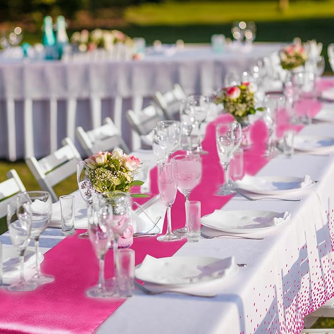 Tudomro 16 Pieces White and Hot Pink Disposable Plastic Tablecloths and Satin Table Runner Set 54x108 Inch Tablecloth 12x108 Inch Table Runners for New Year Wedding Birthday Baby Shower Graduation