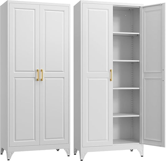 Kitchen Pantry Cabinet,75?쓂hite Metal Storage Cabinets with Doors and 4 Adjustable Shelves,Kitchen Cabinet with 2 Gold Handles,Tall Cabinet for Livingroom,Pantry, Bathroom