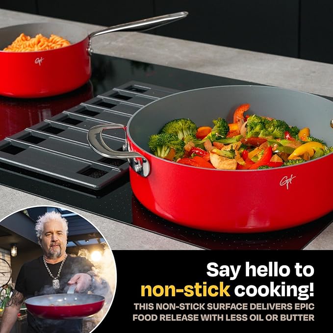 Guy Fieri's Flavortown 6-Piece Ceramic Cookware Set, 8" & 10.2" Frypans, 2QT Saucepan, 3.2QT Saut챕pan Nonstick, Made without PFAS PTFE PFOA, Oven & Dishwasher Safe, Easy to Clean, Red