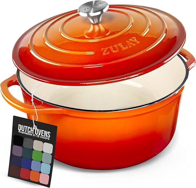Zulay Kitchen 7.7 Quart Enameled Cast Iron Dutch Oven Pot with Lid ??Premium Durability & Oven Safe up to 500째F ??Heavy Duty Cookware Perfect for Bread Baking, Stews, Braising & Roasting ??Orange