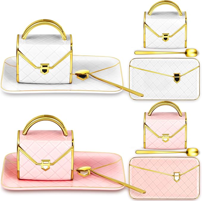 Zubebe 2 Sets Coffee Mug Elegant Handbag Shaped Cup Valentine's Day Modern Ceramic Purse Mug with Spoon and Saucer, 10oz Cute Creative Tea Cup for Woman Girls Gift (Pink,White)