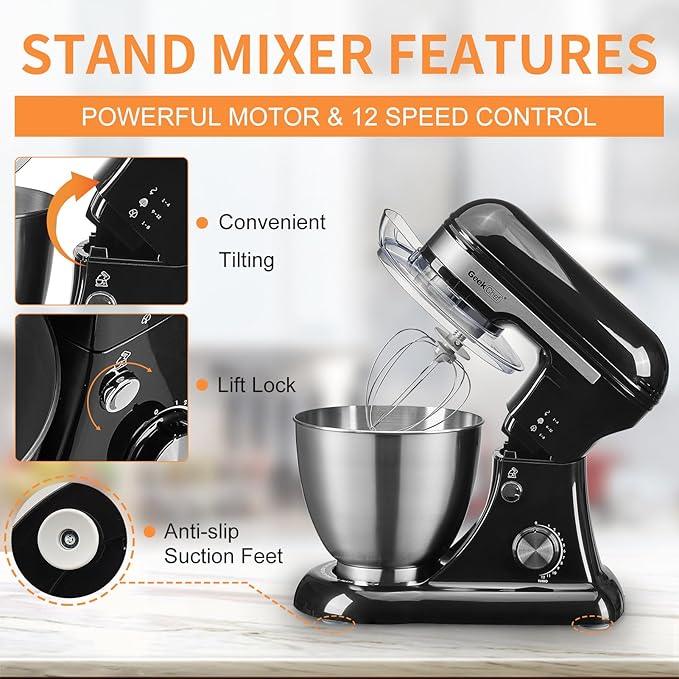 Geek Chef Electric Stand Mixer, 4.8QT 12 Speeds Tilt-head Food Mixer with Dough Hook, Whisk, Beater, Bowl, Rotary Knob for Home Kitchen Use, Black