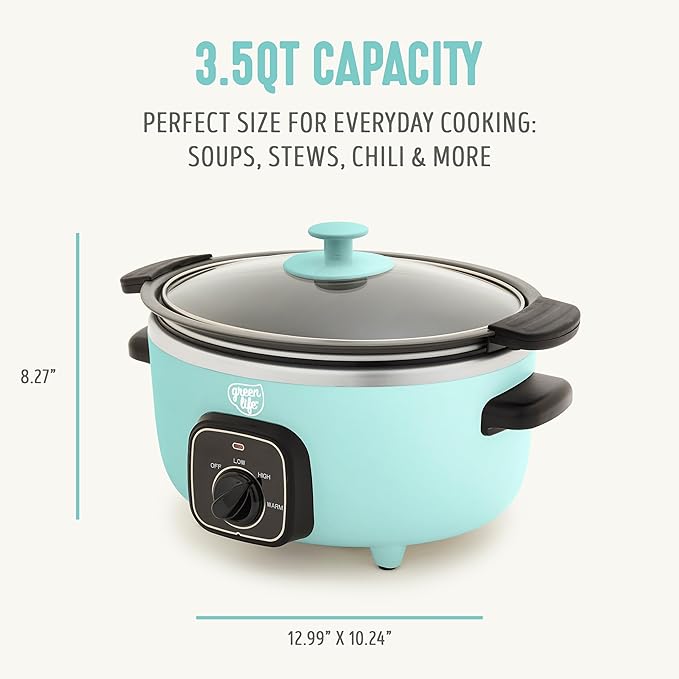 GreenLife 3.5QT Slow Cooker, PFAS-Free Non-Toxic Ceramic Nonstick Removable Interior Bowl, Programmable, Keep Warm, Stovetop & Oven Safe, Dishwasher Safe Crock, Glass Lid, Turquoise