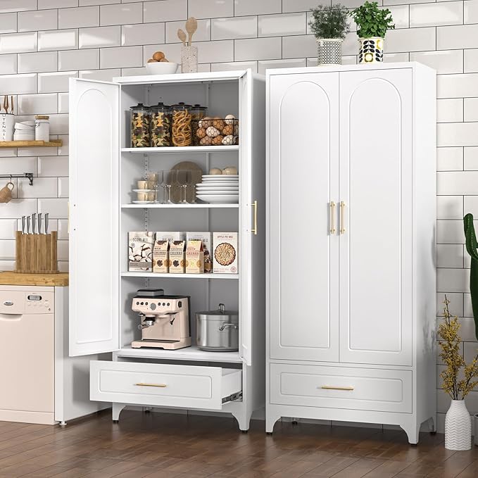 White Pantry Cabinet with Drawer, 75 Inch Tall Kitchen Cabinet, Metal Storage Cabinets with Doors and Shelves, Steel Food Pantries, Large Freestanding Cupboard for Dining Room-Assemble Required