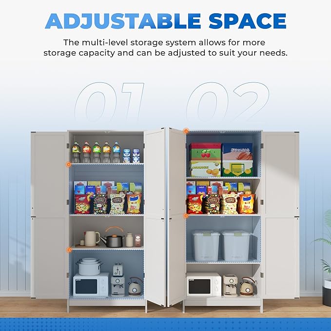 INTERGREAT Pantry Cabinets, Kitchen Storage Cabinets with 2 Door and Adjustable Shelves, White Kitchen Pantry Cabinet, Freestanding Cupboard for Dining Room, Living Room, Bathroom