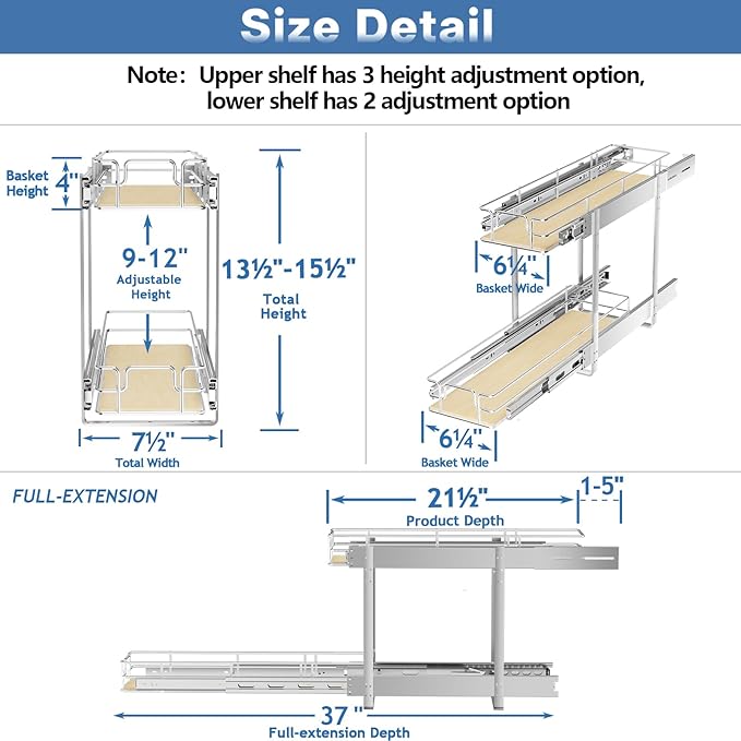 ROOMTEC 2 Tier Individual Pull Out Cabinet Organizer 7쩍"W x 21쩍"D, Slide Out Wood Shelves Organizers, Pull Out Drawers Organization and Storage for Kitchen Cabinet