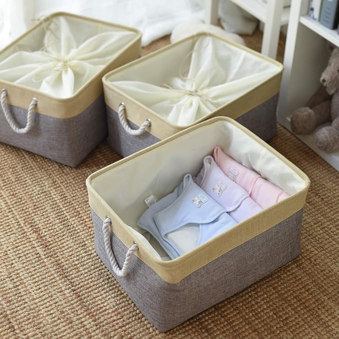 TheWarmHome Storage Baskets for Organizing, Extra Large-3Pack, 17.7L횞13.8W횞9.8H inch Large Sturdy Storage Bins, Decorative Storage Baskets for Shelves Closet Nursery (Gold&Grey)