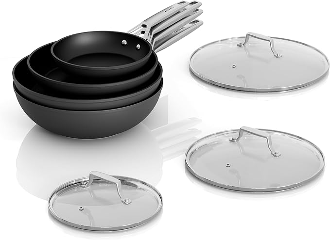 MsMk Non Stick Pans Set 7-Piece, 8, 10, 12 Inch Frying Pans and 12 Inch Induction Wok with Tempered Glass Lids, PRO Heat Distribution, Stay-Cool Handles, Oven Safe 700?? Compatible with All Cooktops