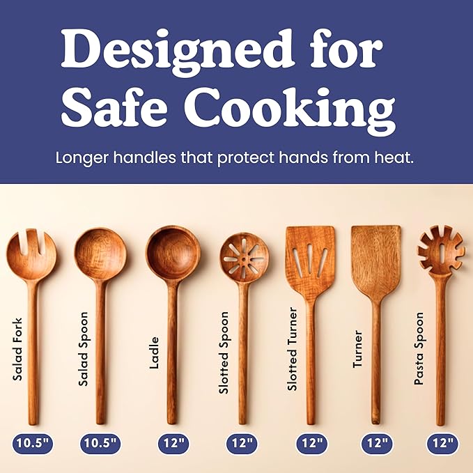 Non-Toxic Wooden Spoons for Cooking??7-Piece Kitchen Utensils Set, Glue-Free & One-Piece Cooking Utensils, Natural Wooden Utensil Set with Plant-Based Finish, Free of Forever Chemicals
