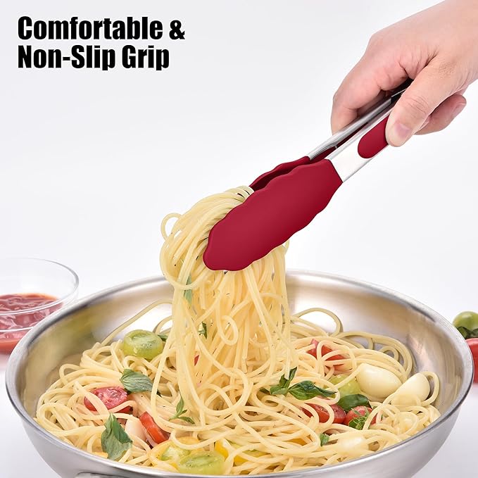 Doosu Kitchen Tongs for Cooking - 600째F Heat Resistant Food Tong with Non-Scratch Silicone Tips, Heavy Duty Stainless Steel Locking Tong for BBQ, Grilling Steak, Serving Salad, Pasta (7in, Red)
