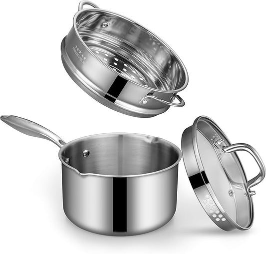 Tri-Ply Stainless Steel Sauce Pan with Steamer Basket & Straining Glass Lid??2-in-1 Multi-Function Pot for Steaming, Boiling & Simmering ??Healthy, Durable, Rust-Resistant, Professional-Grade Cookware