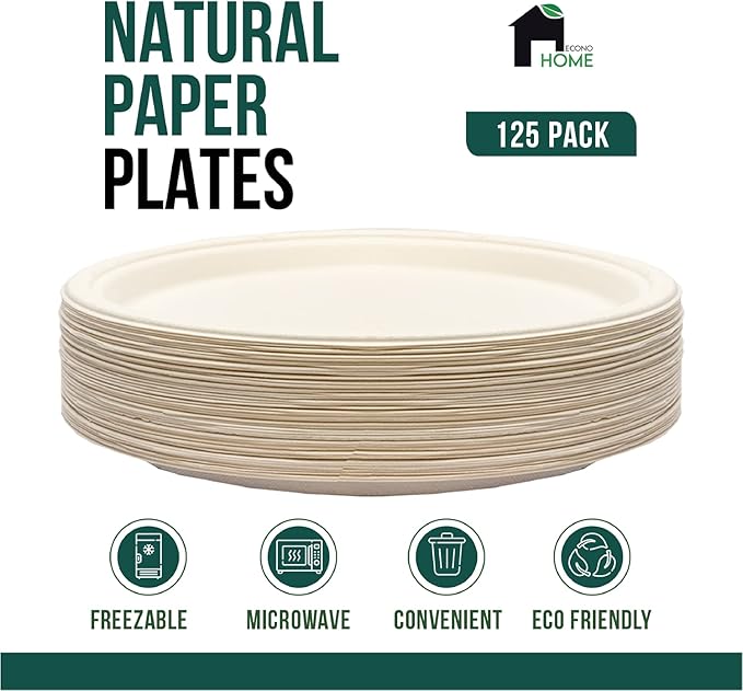 EconoHome 7 inch Compostable Paper Plates [125-Pack] - Eco-Conscious Disposable Plates Made of Bagasse or Sugarcane Fiber - Microwave, Refrigerator-Safe - Heavy Duty Paper Plates for Dinner