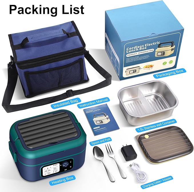 EDCREATY Cordless Electric Heated Lunch Box, 1.5L 6.3Cups 24000mAh Rechargeable Battery Self-Heating Lunch Box, Smart Timer, Even Heating, 100W Portable Food Warmer for Office, Picnic, Car, Outdoor