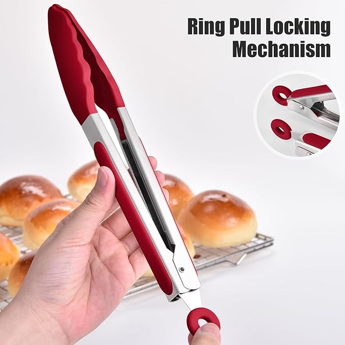 Doosu Kitchen Tongs for Cooking - 600째F Heat Resistant Food Tong Set with Non-Scratch Silicone Tips, Heavy Duty Stainless Steel Locking Tong for BBQ, Grilling Steak, Serving Salad (9+12in, Red)