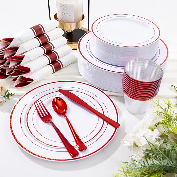 WELLIFE 350-Piece Red Plastic Party Dishware Set - 50 Dinner Plates, 50 Dessert Plates, 50 Cups, 50 Plastic Cutlery