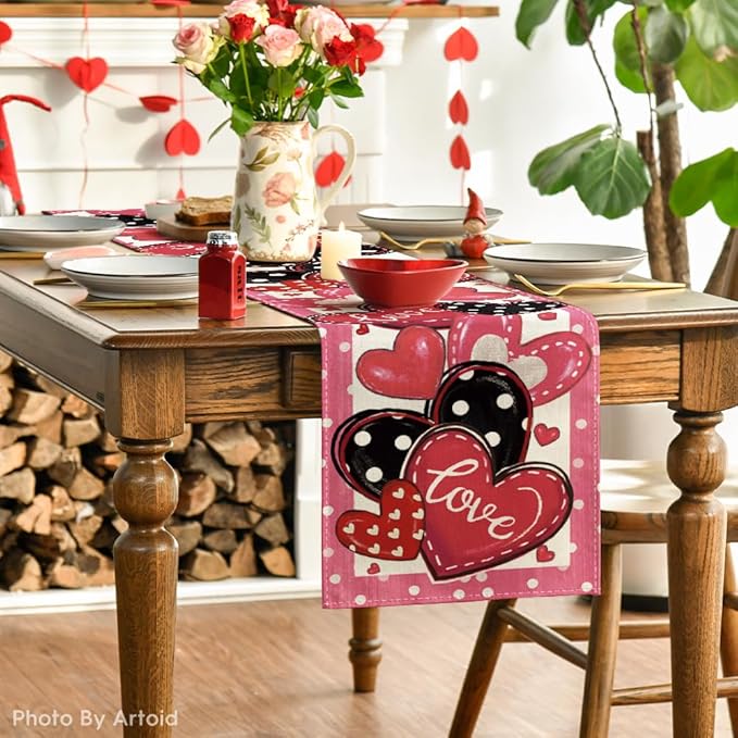 Artoid Mode Pink Polka Dot Heart Love Table Runner, Anniversary Wedding Kitchen Dining Table Decoration for Home Party Decor 13x72 Inch