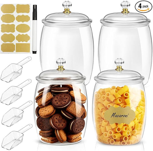 4 Pcs Candy Jars with Lids,Plastic Cookie Storage Jar Airtight Food Storage Containers Includes 4 Spoons + Label Stickers & Pen, 2.2L Clear Apothecary Jars for Kitchen Counter