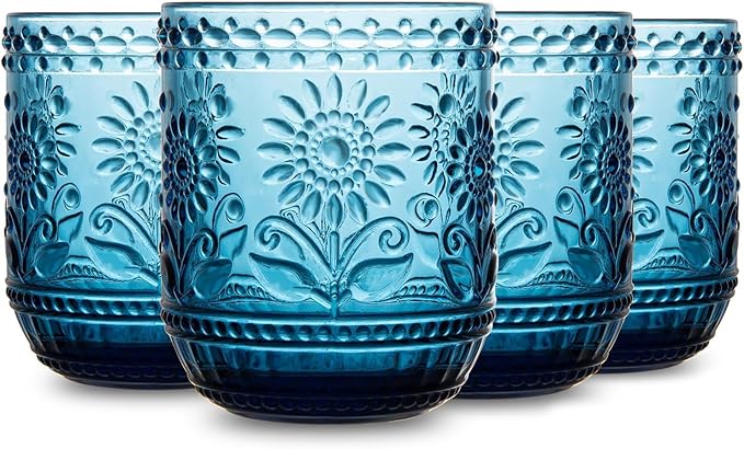 Luminthra Elegant Vintage Crystal Glassware Set, Embossed Floral Drinkware, 12oz Green and Multi-Color Glass Cups for Wine, Cocktails, and Beverages (Blue)