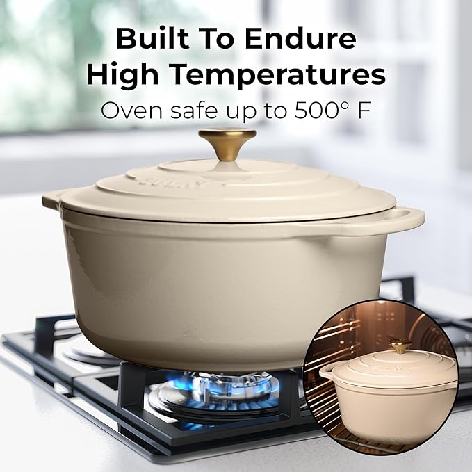 Zulay Kitchen 7.7 Quart Enameled Cast Iron Dutch Oven Pot with Lid ??Premium Durability & Oven Safe up to 500째F ??Heavy Duty Cookware Perfect for Bread Baking, Stews, Braising & Roasting ??Ivory
