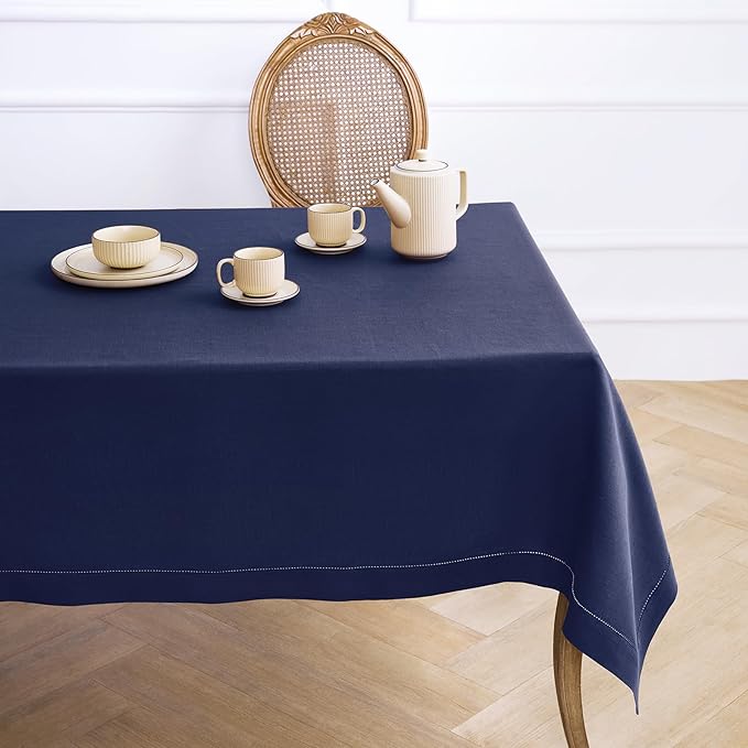 Solino Home Linen Tablecloth 60 x 108 Inch - Classic Hemstitch 100% Pure Linen Navy Blue Table Cloth for Rectangle Tables - Machine Washable Tablecloth for Winter, Easter