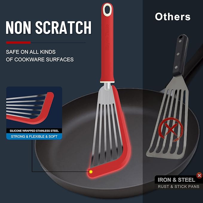 Fish Spatula,600??Heat Resistant Silicone Fish Spatula with Basting Brush,for Nonstick Cookware,Flexible Slotted Fishs Turner Spatulas,BPA Free,Dishwasher Safe(Red)